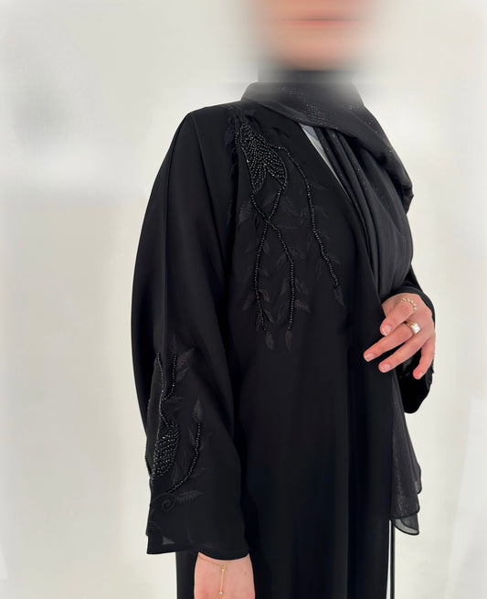 Premium Black Open Abaya with Front and Sleeve Embellishment