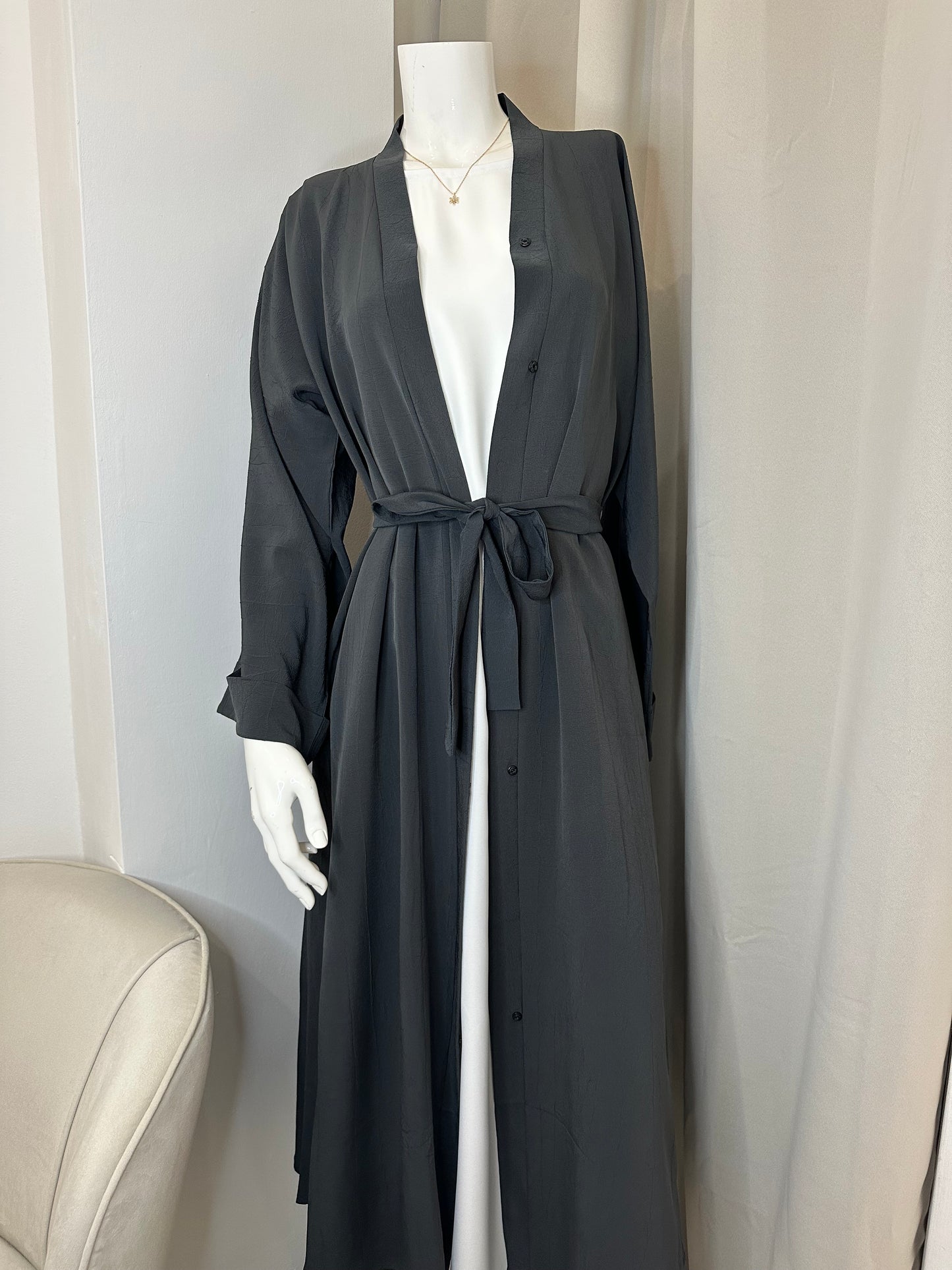 Textured Open Abaya with buttons - Grey