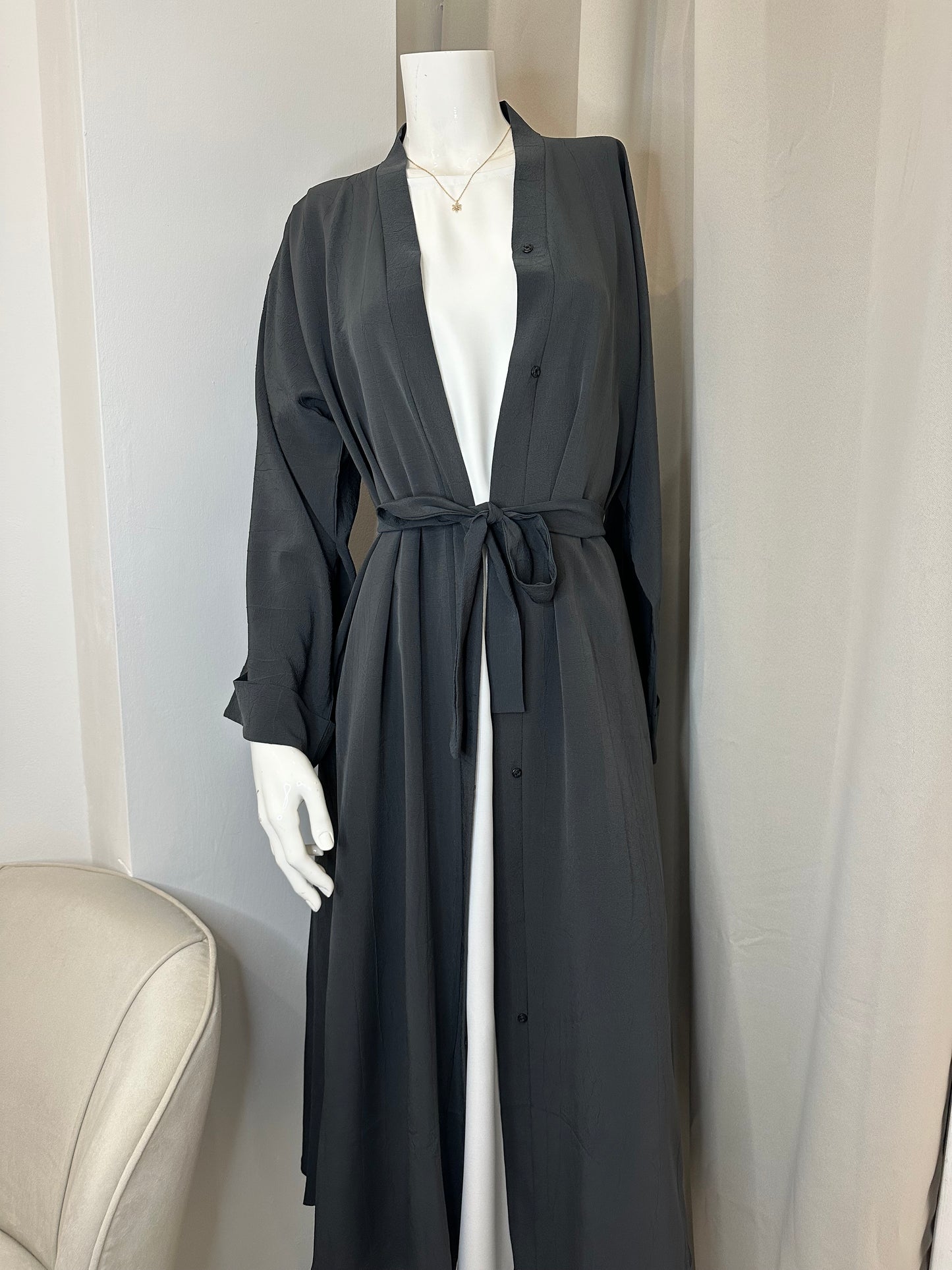 Textured Open Abaya with buttons - Grey