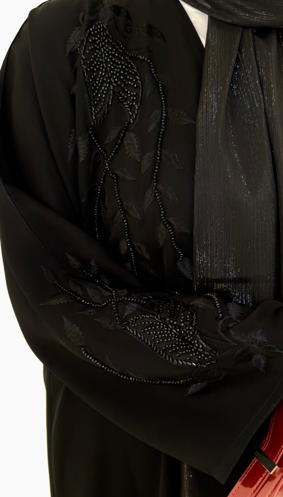 Premium Black Open Abaya with Front and Sleeve Embellishment