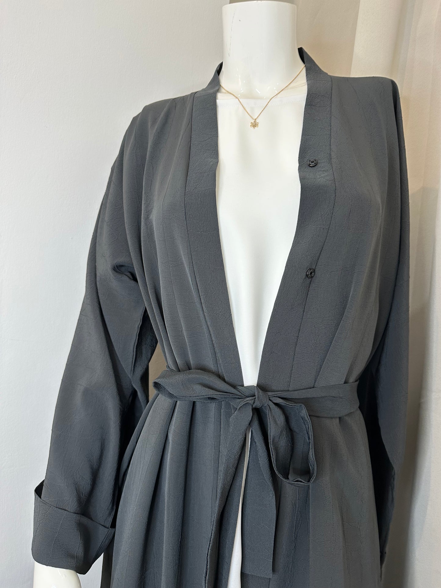 Textured Open Abaya with buttons - Grey