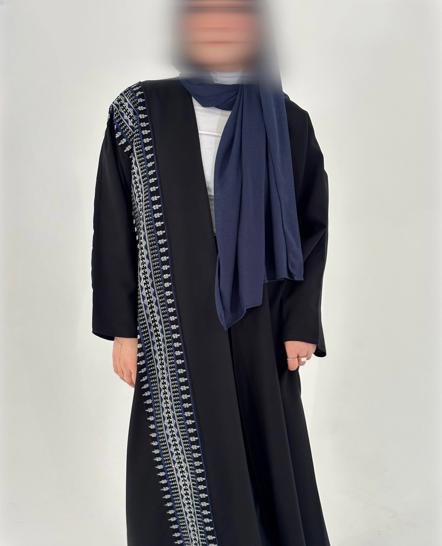 Open Abaya with front embroidery details - Black and Navy